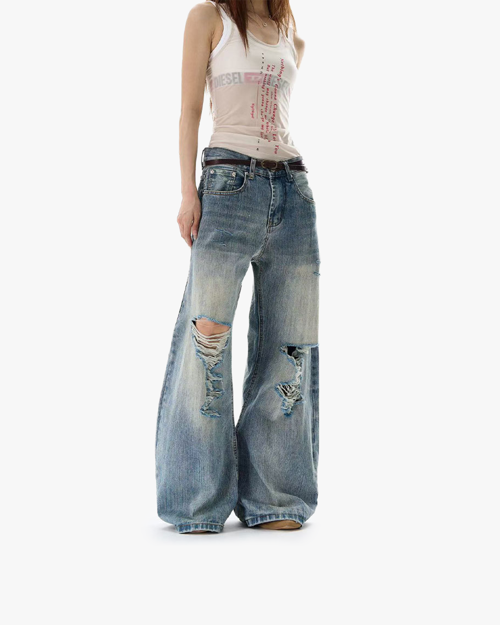 American retro bamboo pattern distressed jeans, men's and women's trendy Ice Blue view 3