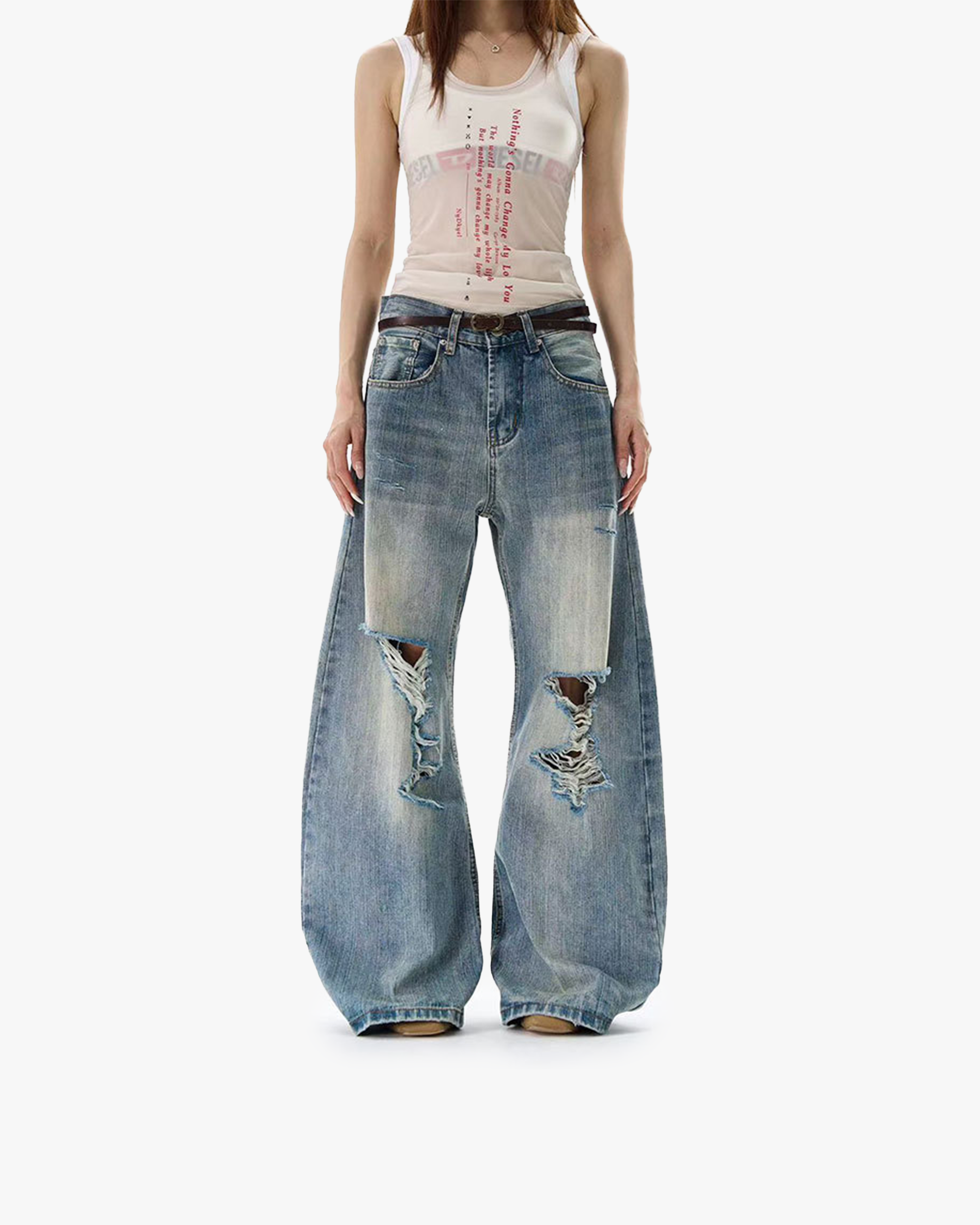 American retro bamboo pattern distressed jeans, men's and women's trendy Ice Blue view 4