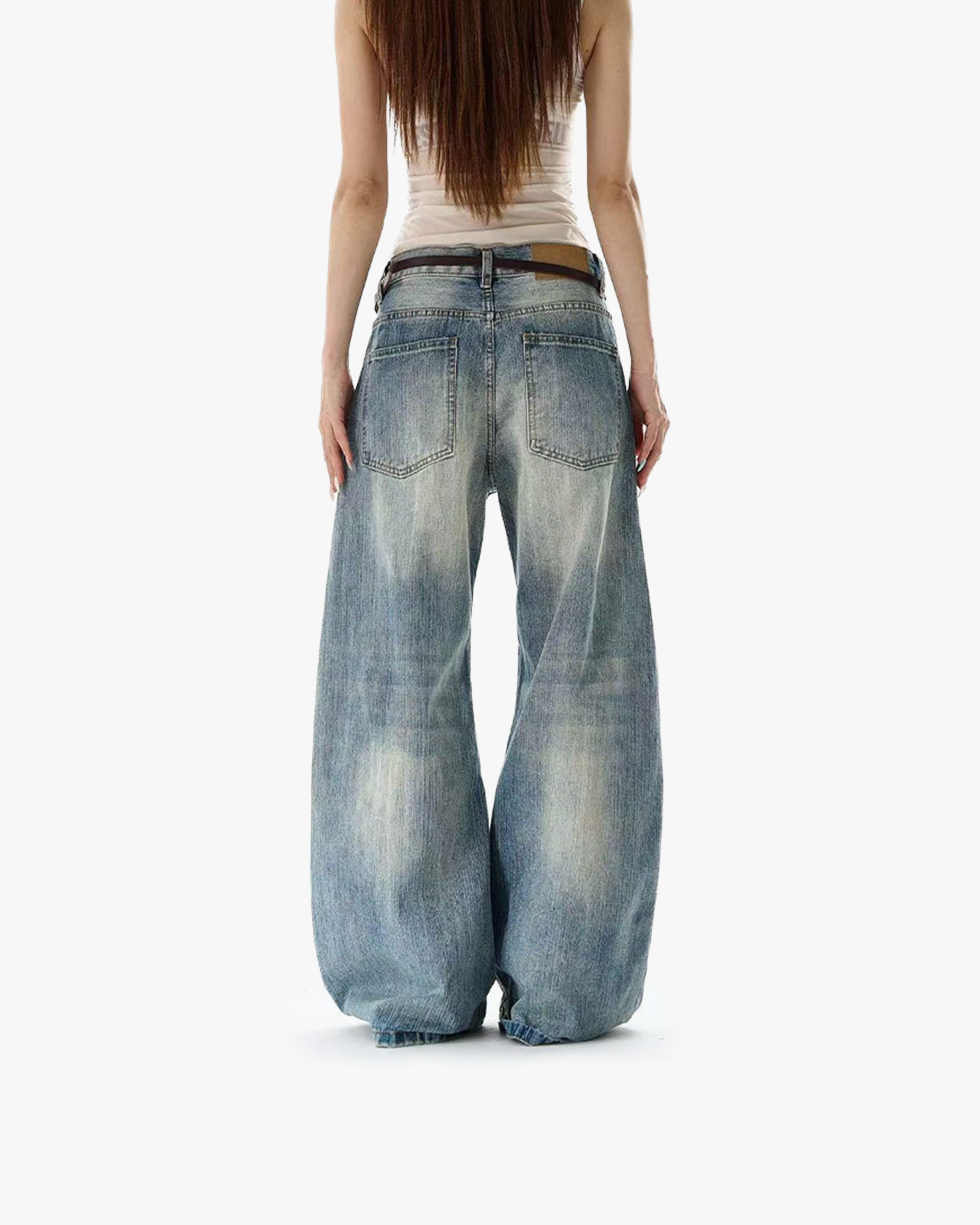 American retro bamboo pattern distressed jeans, men's and women's trendy Ice Blue view 5