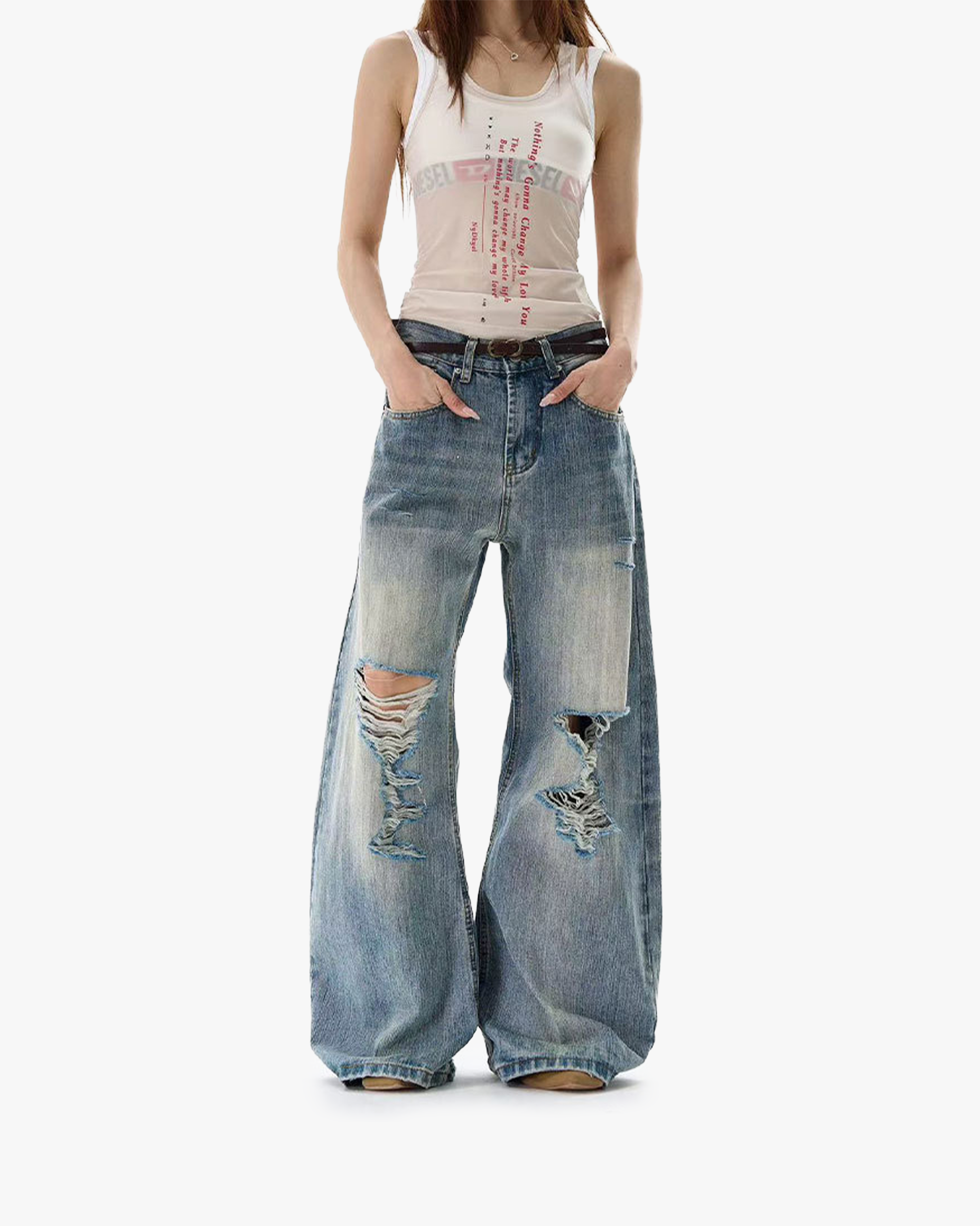 American retro bamboo pattern distressed jeans, men's and women's trendy material detail 4