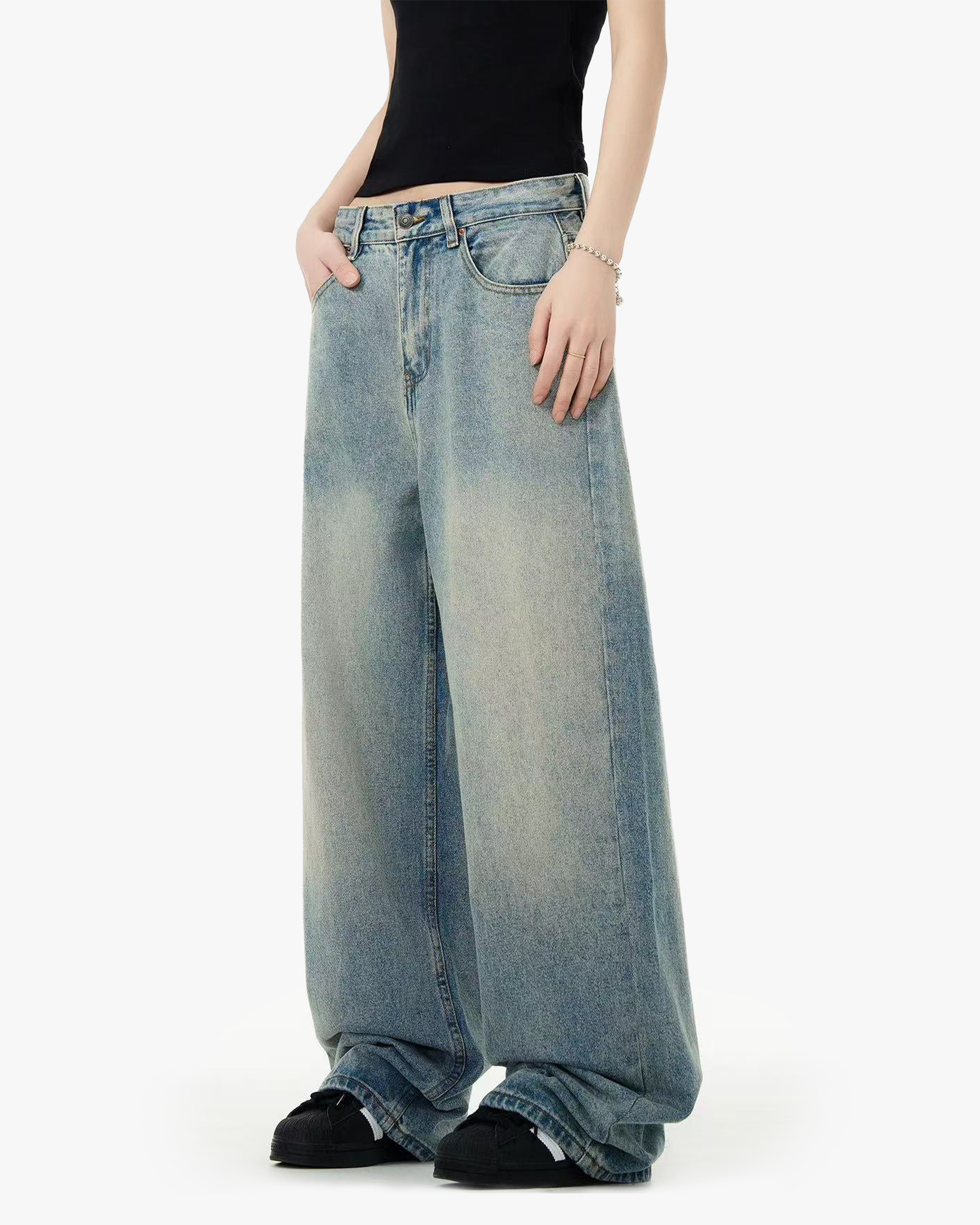 American retro vintage jeans, unisex, loose-fitting, baggy, wide-leg, cleanfit material detail 2