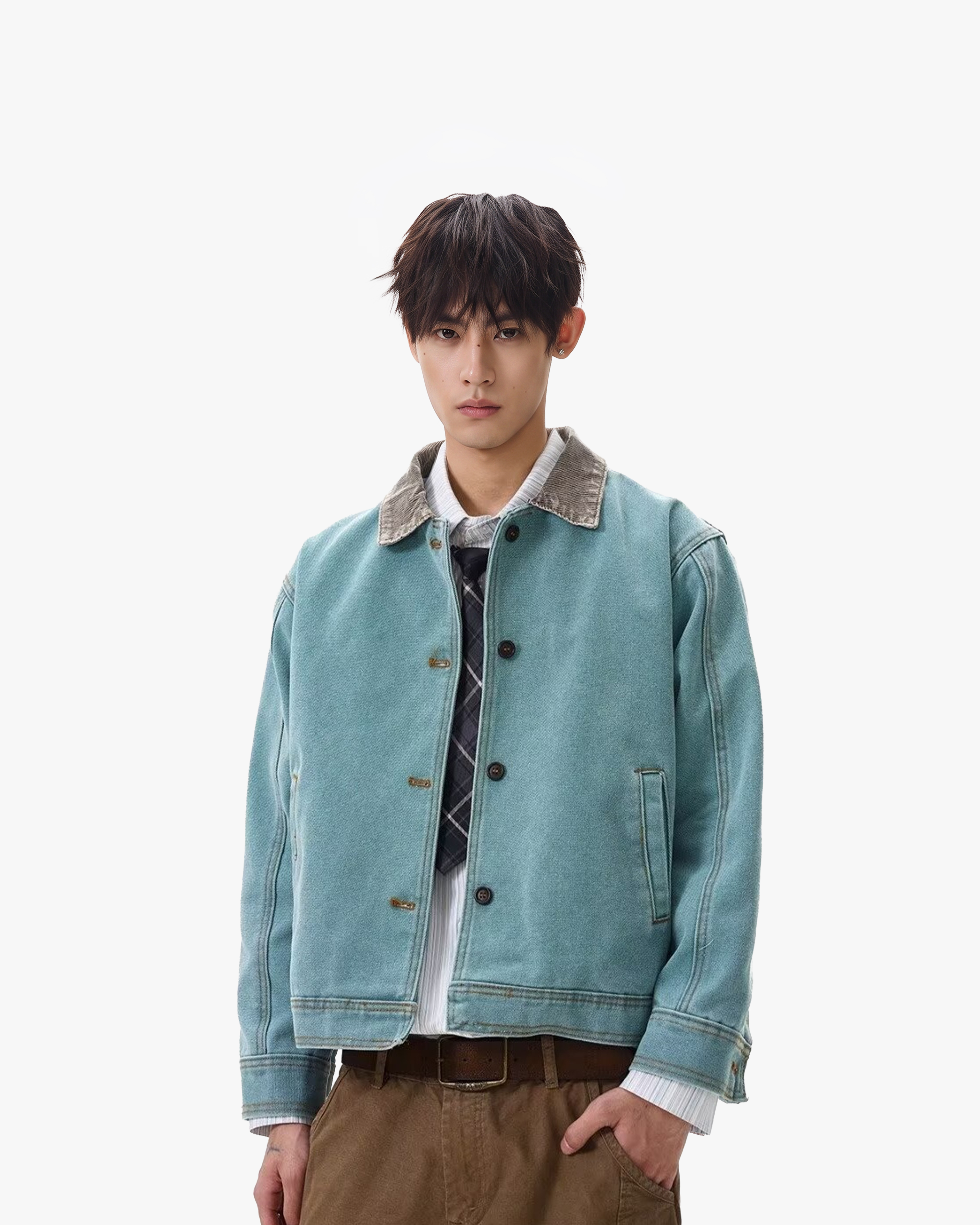 American-style retro peacock green jacket for men, short style, suitable material detail 1