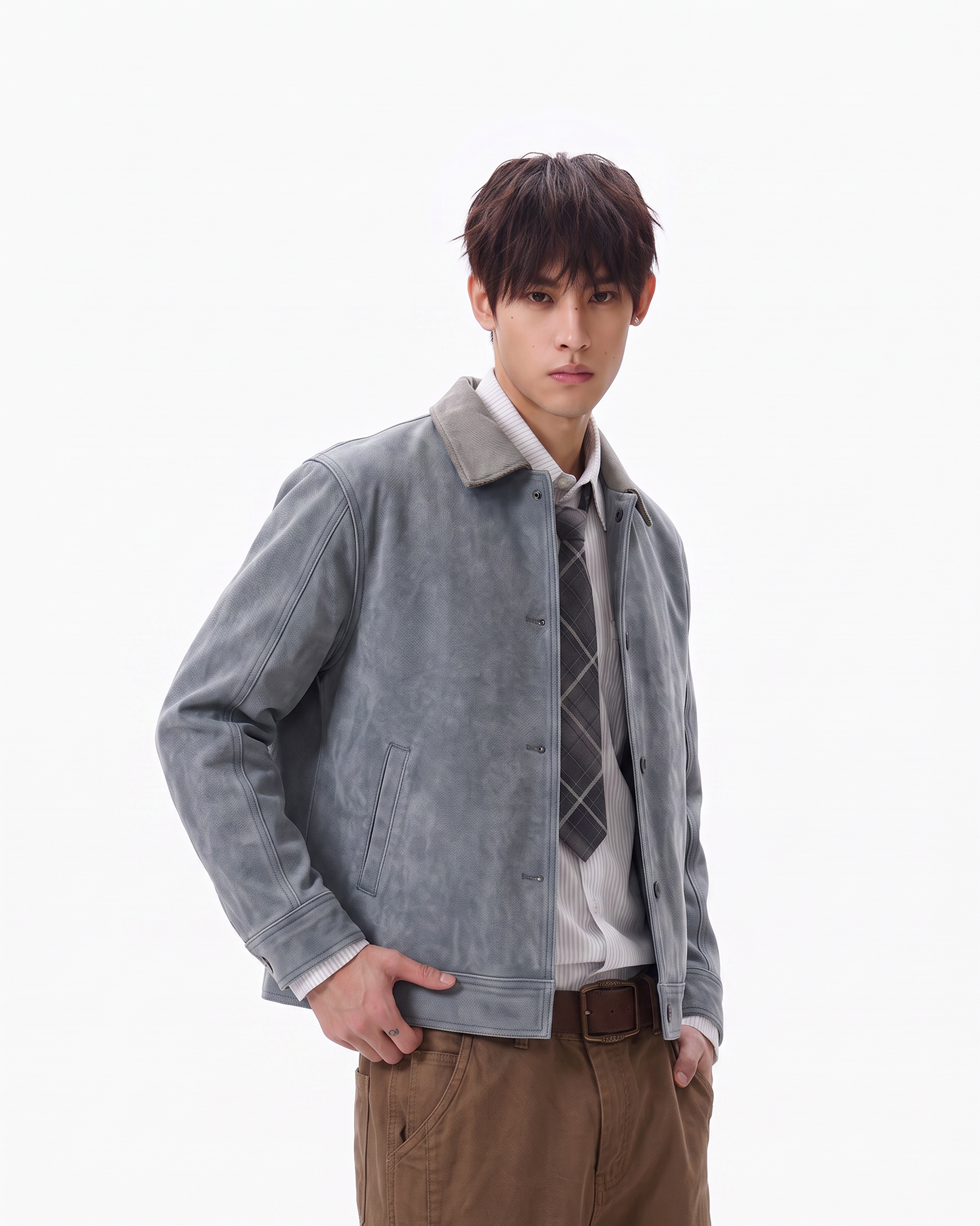 American-style retro peacock green jacket for men, short style, suitable material detail 4
