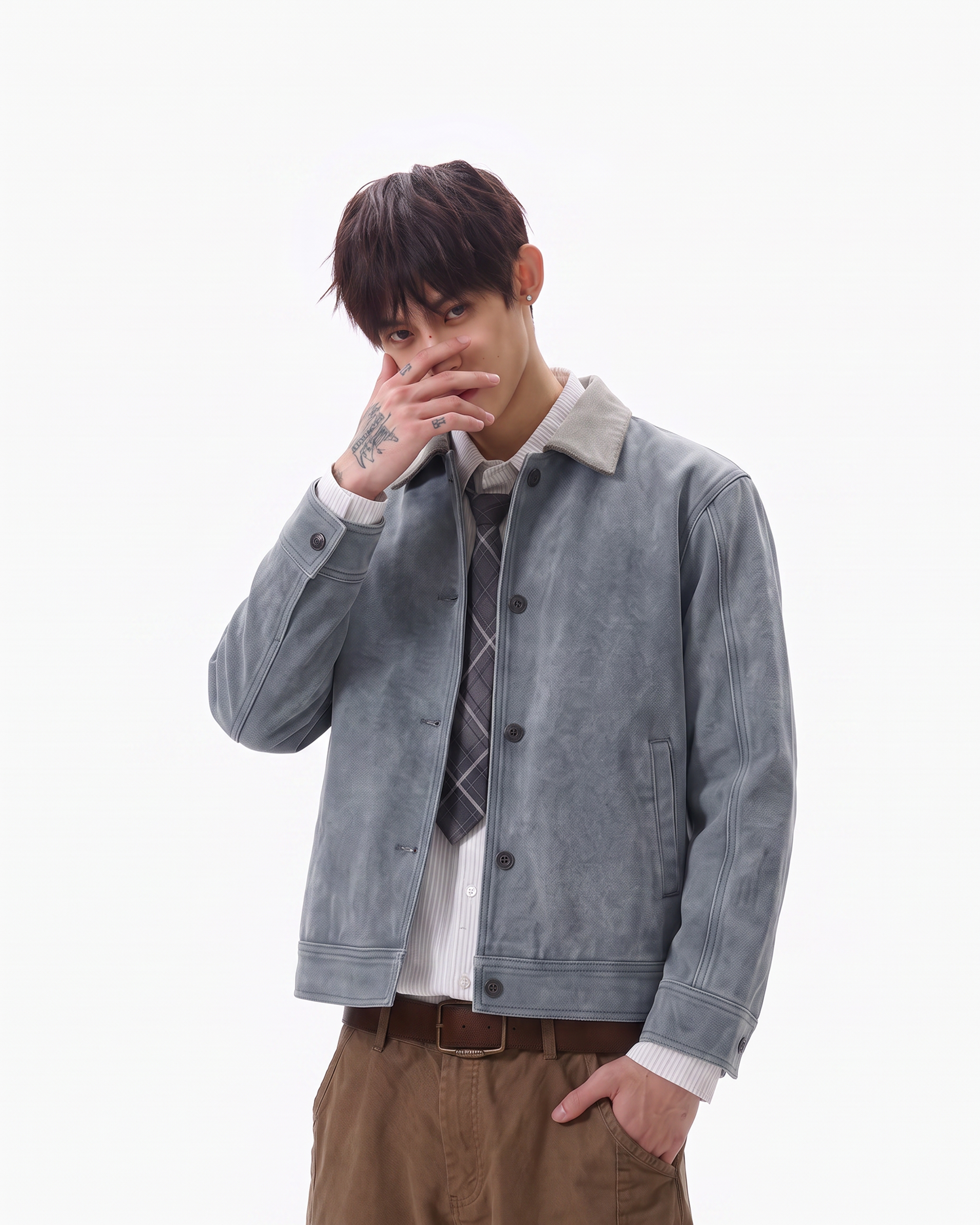 American-style retro peacock green jacket for men, short style, suitable material detail 5